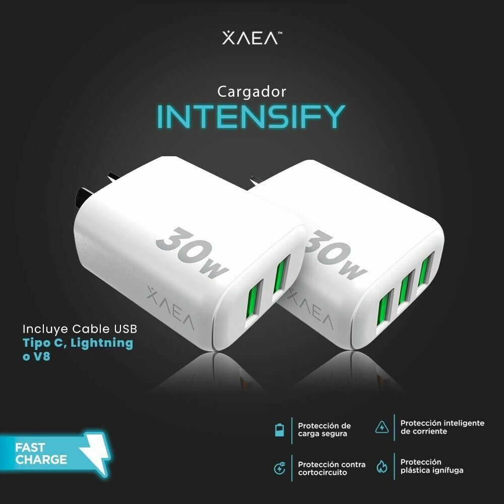 CARGADOR XAEA 220V INTENSIFY (MOD 600) 30W 2USB + CABLE TIPO C – OneService