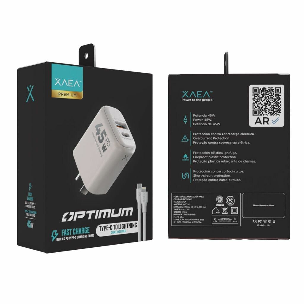 CARGADOR XAEA 220V OPTIMUM 5A (MOD501) 45 W USB-C + CABLE C-C CARGADOR XAEA 220V OPTIMUM 5A (MOD501) 45WUSB+ TIPOC + CABLE C-C - Imagen 1